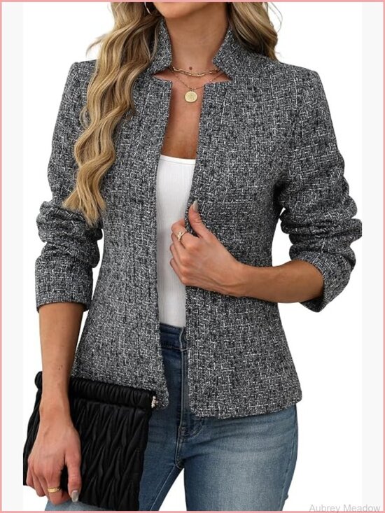 Jackets & Blazers - Tweed Open Front Blazer Long Sleeve Notch Collar Fully Lined Casual Business